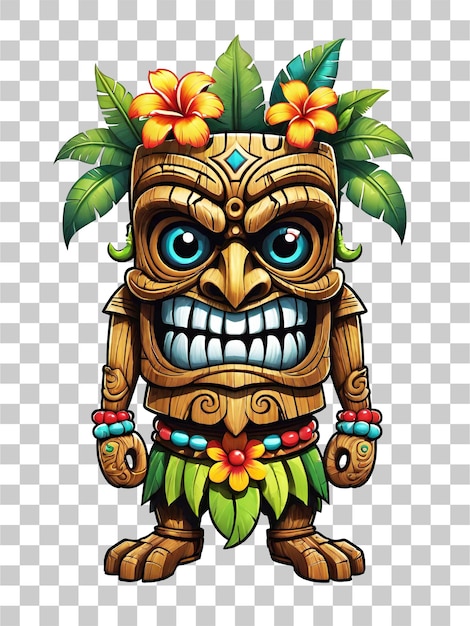 PSD tiki-masken-cartoon-figur mit blumen und blättern auf transparentem hintergrund