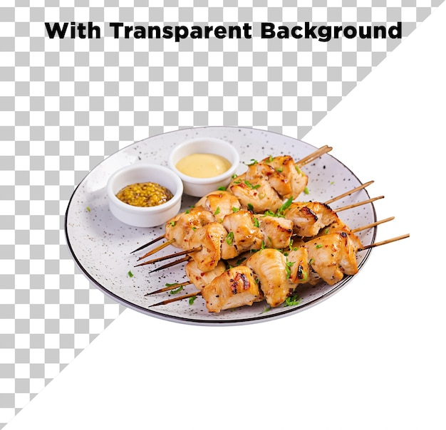 Tikka di pollo o barbecue di pollo in cubetti su spago con salse PNG PSG isolati su sfondo trasparente