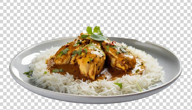 PSD tikka masala de frango com arroz em um prato isolado em fundo transparente