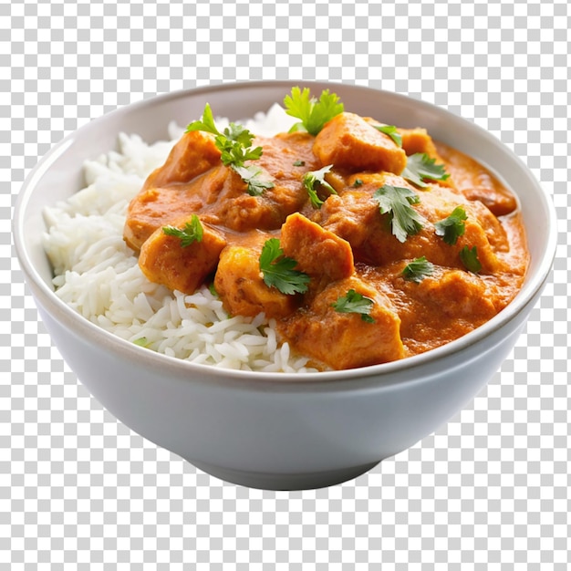 PSD tikka masala avec du riz sur un bol blanc isolé sur un fond transparent