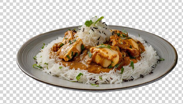 PSD tikka masala de poulet avec du riz sur une assiette isolée sur un fond transparent