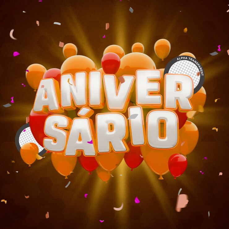 PSD timbre 3d laranja de aniversário para festas e celebrações com vários balões