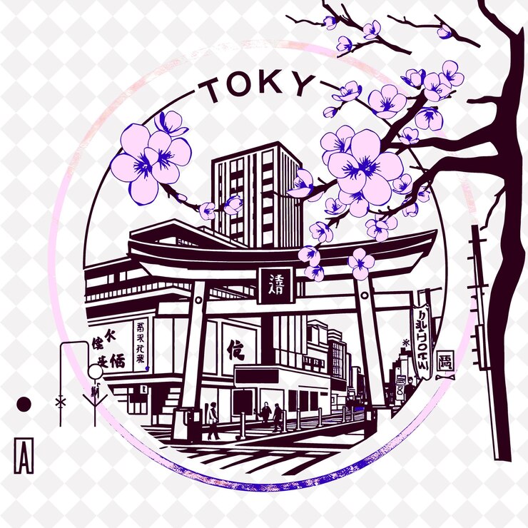 PSD timbre de la ciudad de tokio con monocromático flor de cerezo color rosa decoración de cruce de shibuya eff de sello postal