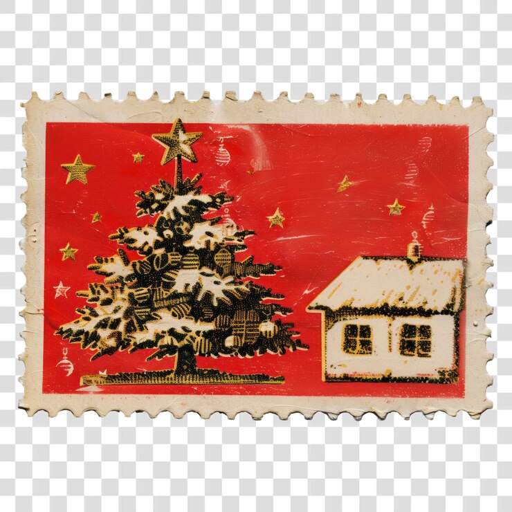 PSD timbre postal vintage de papúa nueva guinea con fondo rojo de navidad