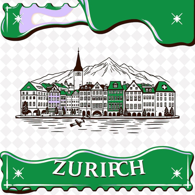 PSD timbro città di zurigo con monochrome cioccolato svizzero colore marrone città vecchia e alpi svizzeri decorazioni m