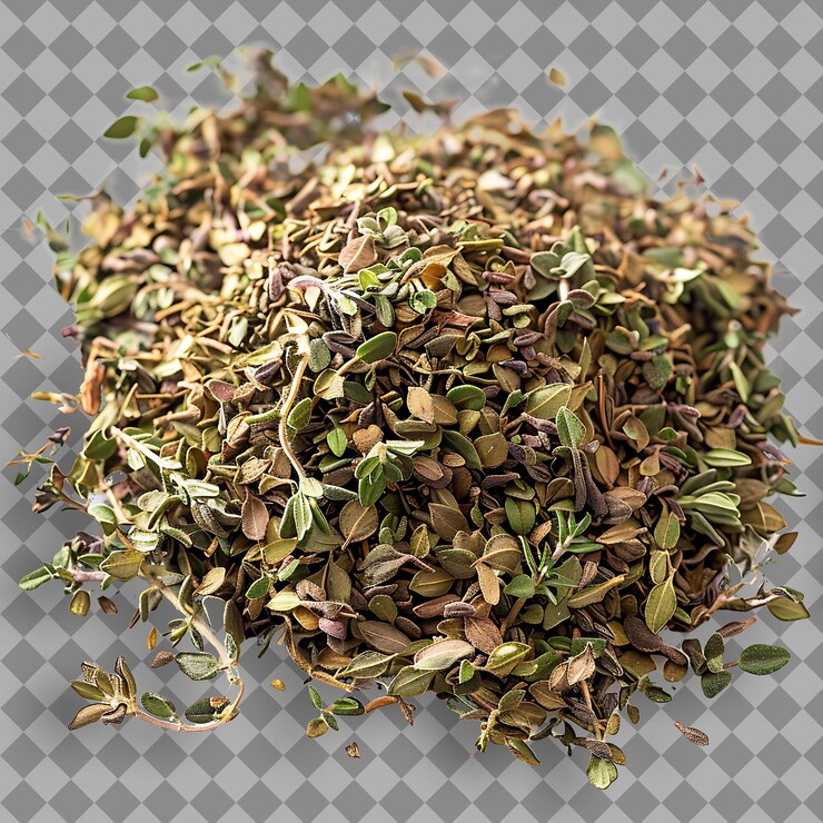 PSD timo foglie tipo di erba thymus vulgaris forma di erba oggetto isolato asciugato su sfondo pulito