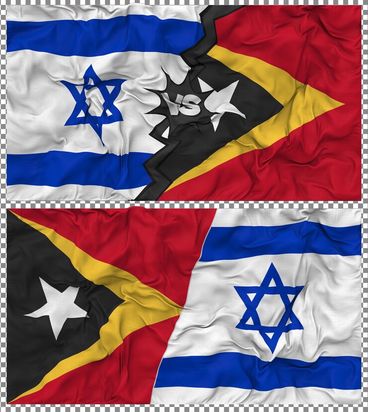 PSD timor oriental contra israel media bandera combinada con textura 3d de la tela de la bandera