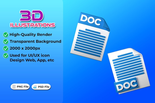 Tipo de archivo DOC Representación 3D sobre fondo transparente Diseño de iconos Ui UX tendencia web y aplicación