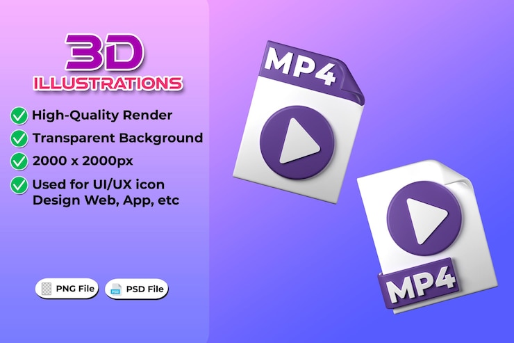PSD tipo de archivo mp4 representación 3d sobre fondo transparente diseño de iconos ui ux tendencia web y aplicación