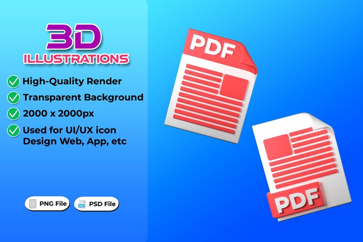PSD tipo de archivo pdf representación 3d sobre fondo transparente diseño de iconos ui ux tendencia web y de aplicaciones