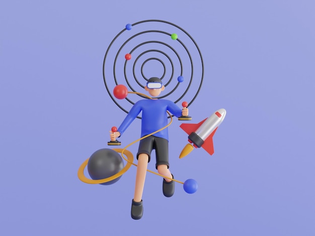 Un tipo con auriculares VR explorando el mundo y la galaxia estudiando astronomía mediante realidad aumentada