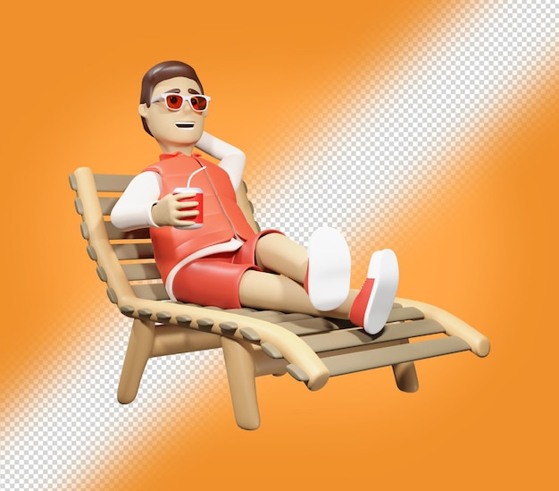 PSD un tipo ligeramente vestido está sentado en una tumbona y bebiendo jugo fondo transparente 3d
