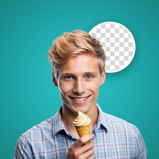 PSD un tipo con un palillo de helado en la mano cerca de su cara mirándolo con la necesidad de comerlo
