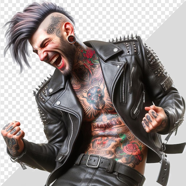 Un tipo de punk rock de moda y colorido con el rostro sonriente retrato aislado de fondo transparente