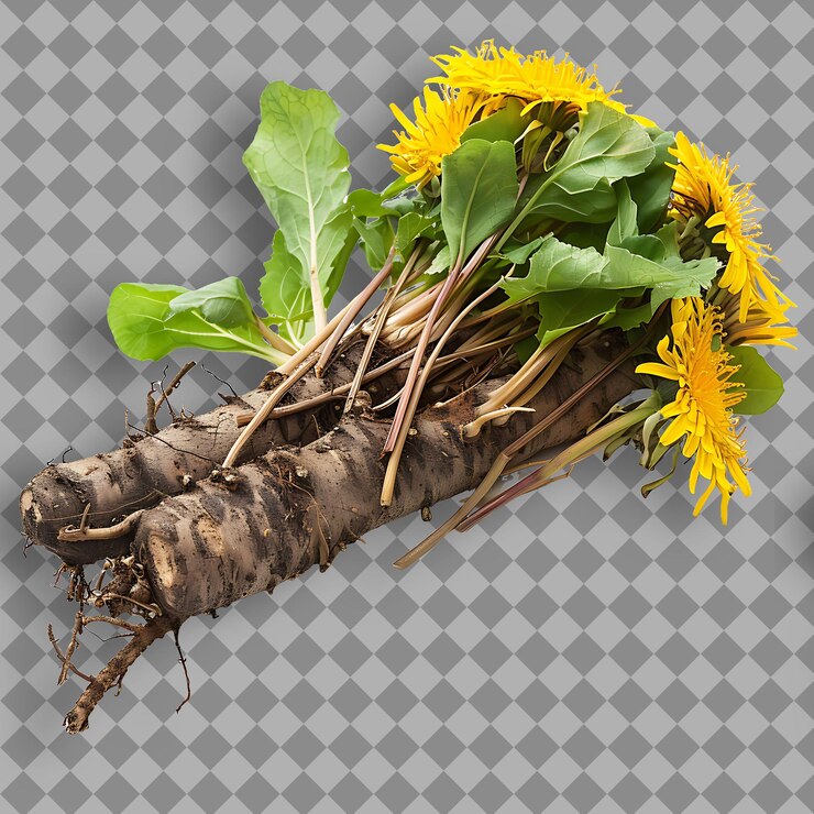 PSD tipo de raíz de diente de león de la hierba taraxacum officinale forma de su objeto aislado en fondo limpio
