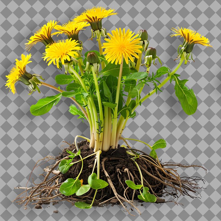 PSD tipo de raíz de diente de león de la hierba taraxacum officinale forma de su objeto aislado en fondo limpio