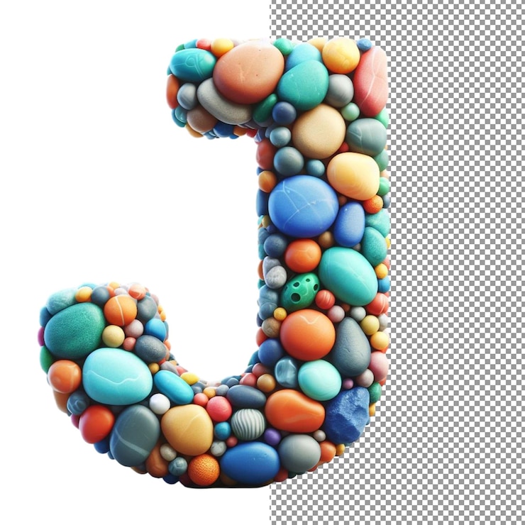PSD tipografía de piedra letra 3d aislada hecha a mano de piedras marinas en un lienzo png transparente