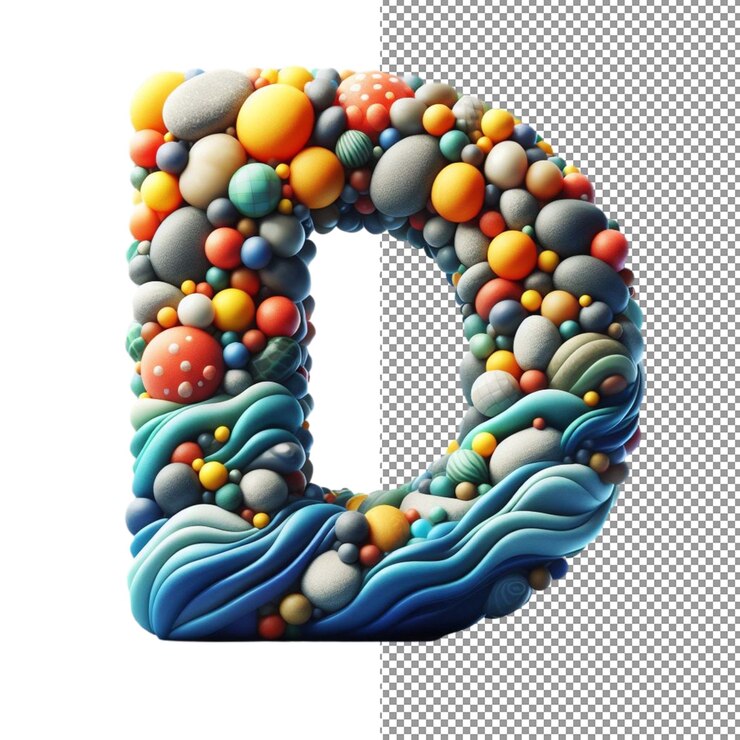 PSD tipografía de piedra letra 3d aislada hecha a mano de piedras marinas en un lienzo png transparente