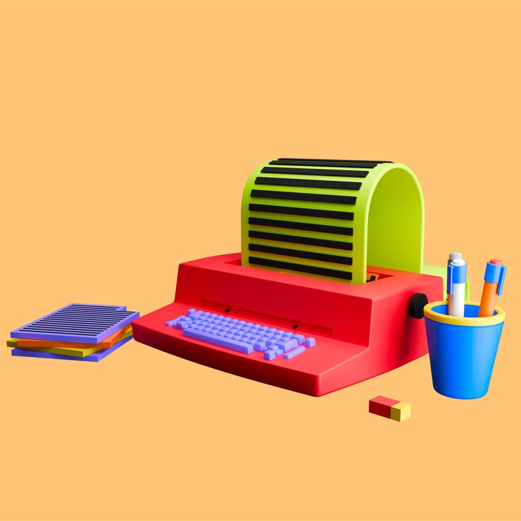 PSD un tipógrafo de icono 3d con un color rojo y papel verde verde y con un bolígrafo y lápiz