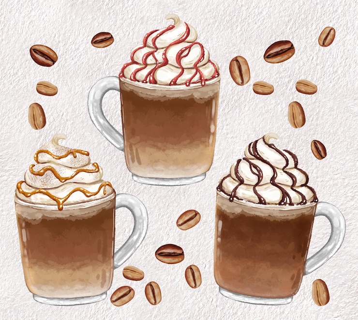 PSD tipos de café caliente capuchino pintado en acuarela sin fondo