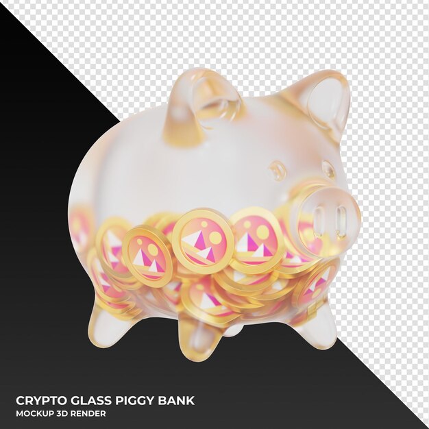 Tirelire en verre Decentraland MANA avec illustration 3d de pièces cryptographiques