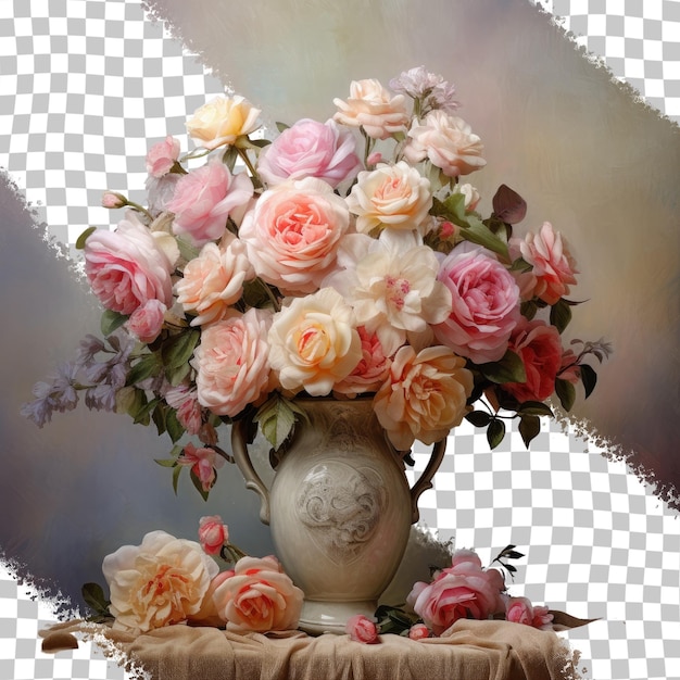 Tisch mit einer Vase, die einen Rosenstrauß auf einem transparenten Hintergrund hält