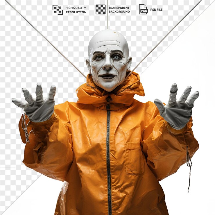 PSD títere fotográfico realista aislado títere vestido con una chaqueta amarilla y naranja guante gris y cremallera negra con una cara blanca y gris y nariz grande