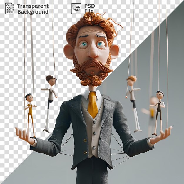un titiritero 3D transparente actuando con marionetas frente a una pared blanca con una corbata amarilla y cabello naranja mientras que una pequeña muñeca y una mano son visibles en primer plano