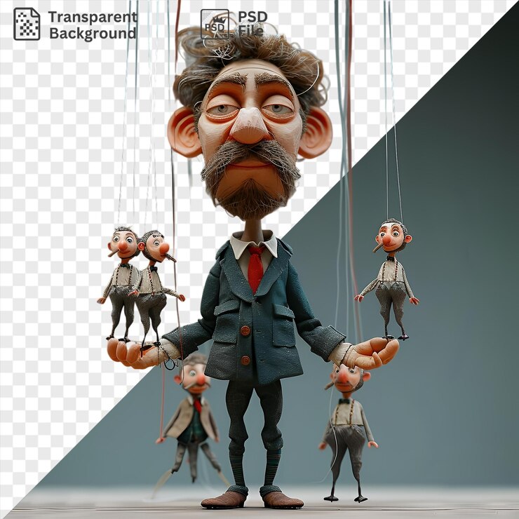 PSD titiritero transparente 3d actuando con marionetas frente a una pared azul con corbata roja y cabello marrón con cara naranja y nariz rosa y naranja