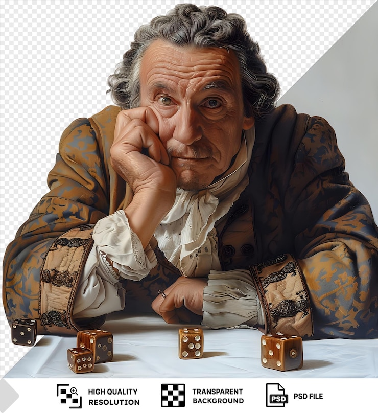 PSD título blaise pascal explora la teoría de la probabilidad con dados en un fondo transparente contra una pared blanca