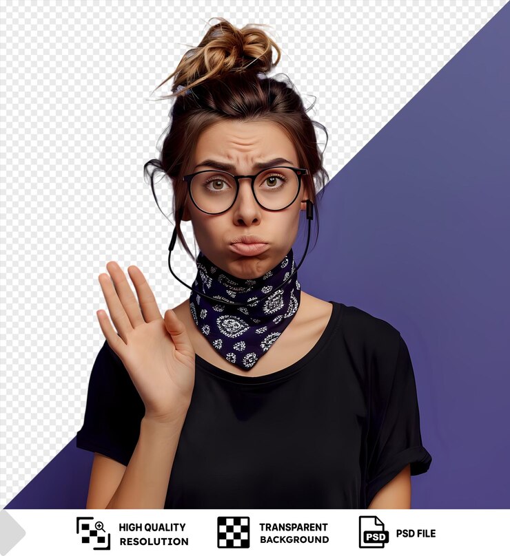 PSD título mujer joven elegante con gafas y pañuelo frunce el ceño levantando la mano y mostrando cinco dedos