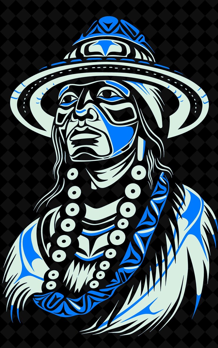 PSD tlingit man portrait wearing a traditional button blanket an vivid color design png collections