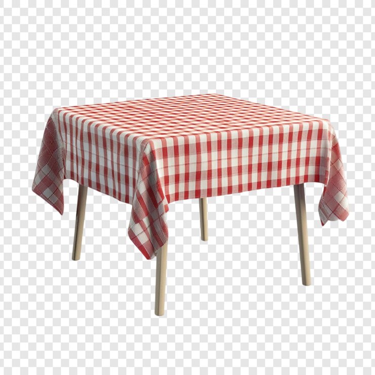 PSD toalha de mesa em xadrez vermelha e branca em uma pequena mesa de madeira quadrada um cenário de piquenique ou decoração de cozinha