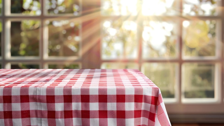 PSD toalha de mesa em xadrez vermelha na mesa junto à janela iluminada pelo sol