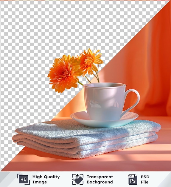 PSD toalha de prato xícara de café flores alça branca cortina laranja na mesa