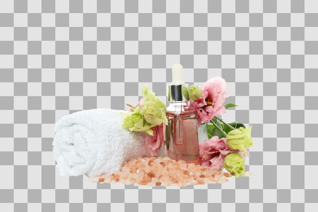 Toalha de sal marinho rosa garrafa de cosméticos e flor em fundo branco em close-up