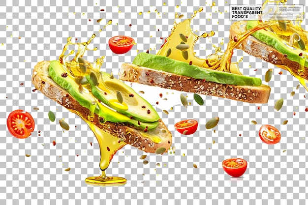 Toast de aguacate salpicado con pan tostado cubierto de puré de Aguacate sobre un fondo transparente