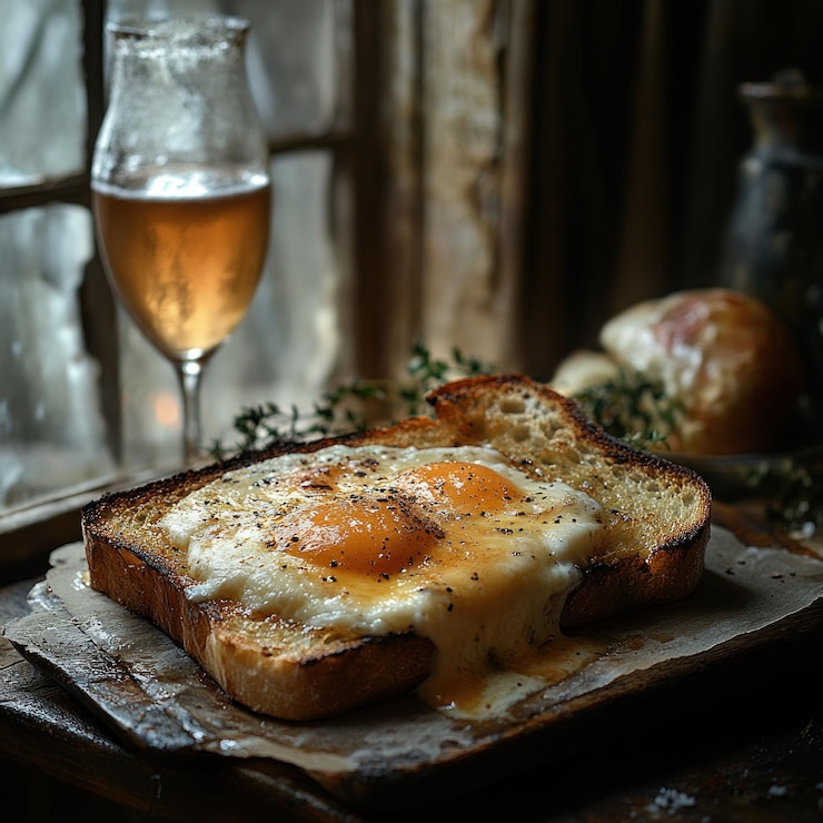 PSD un toast avec deux œufs frits et du fromage sur une planche de bois avec un verre de bière