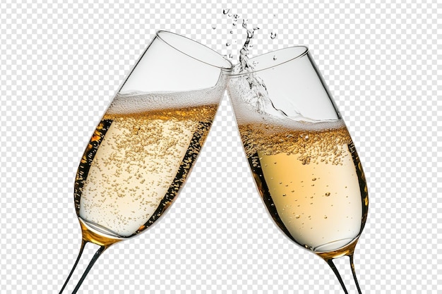 Toasting Champagnergläser mit sprudelndem Schaumwein mit isoliertem auf durchsichtigem Hintergrund