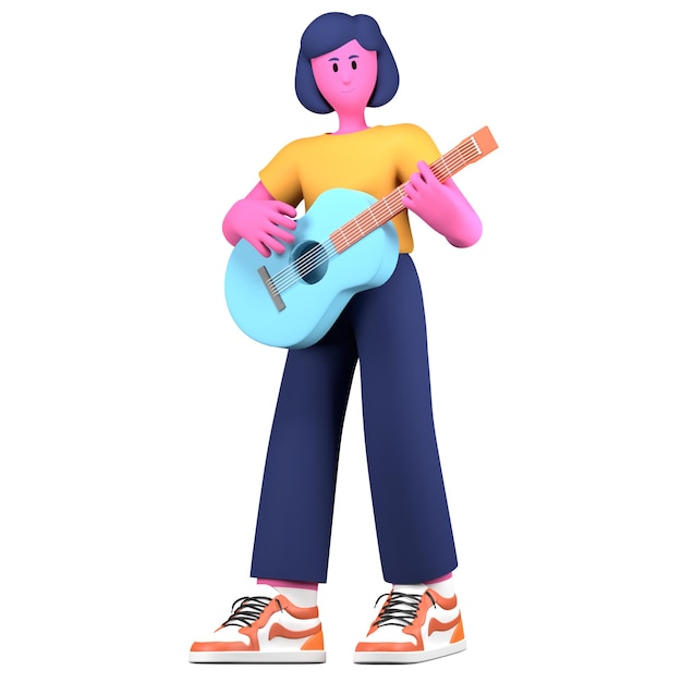 PSD toca música de menina atividade de guitarra pose criativa