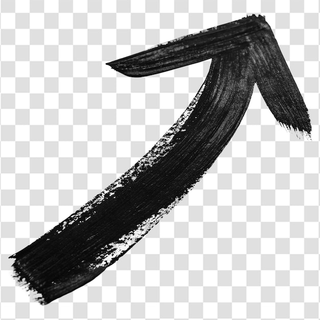 Toca de pincel de flecha dibujada a mano con textura de tinta apuntando diagonalmente sobre un fondo transparente