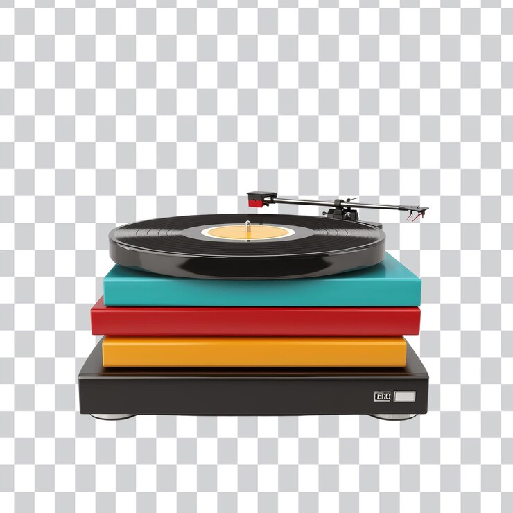 PSD tocadiscos antiguos con coloridos discos de vinilo apilados debajo música nostálgica y cultura retro