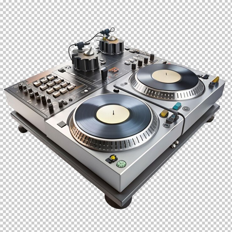 PSD tocadiscos de dj con mezclador sobre un fondo transparente