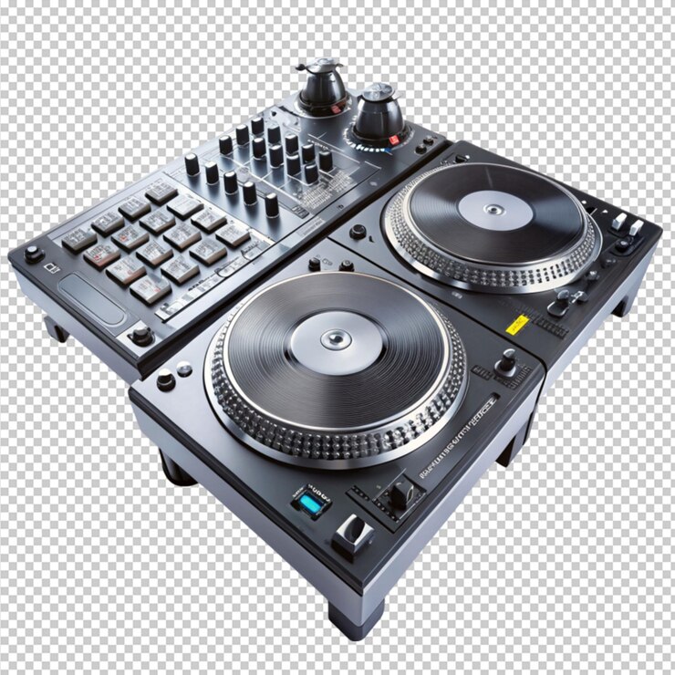 PSD tocadiscos de dj con mezclador sobre un fondo transparente