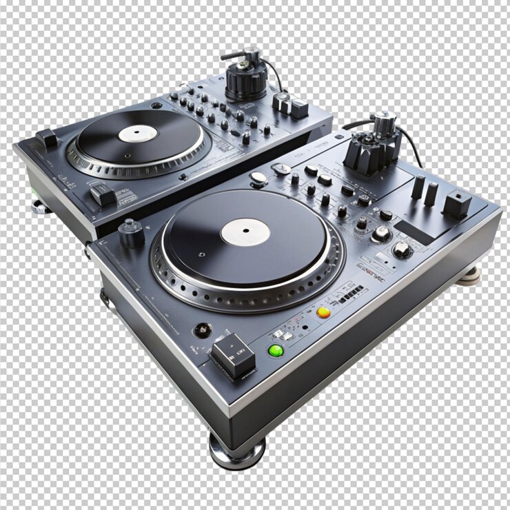 PSD tocadiscos de dj con mezclador sobre un fondo transparente