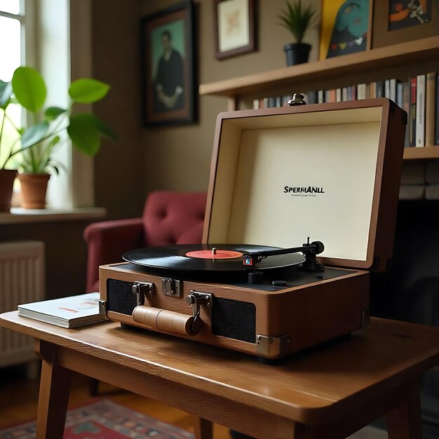 un tocadiscos con la palabra la palabra en él