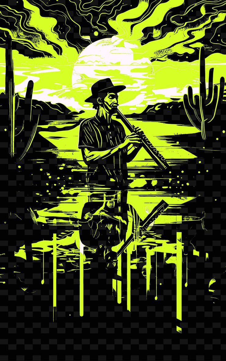 PSD tocador de flauta panandina en un salino boliviano con cactus una ilustración vectorial idea de cartel musical