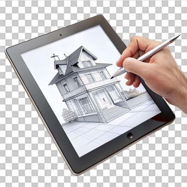 Tocar a mano dibujar en el iPad aislado en un fondo transparente