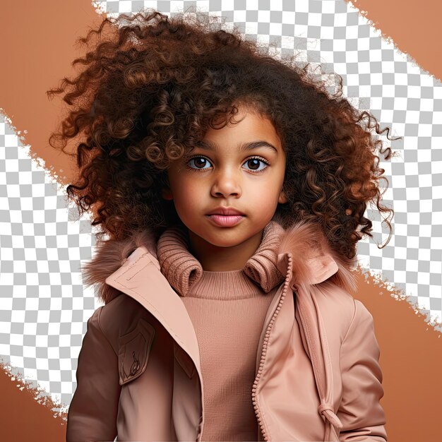 Toddler fiery south asian copywriter rocks kinky hair one shoulder pose em salmão pastel