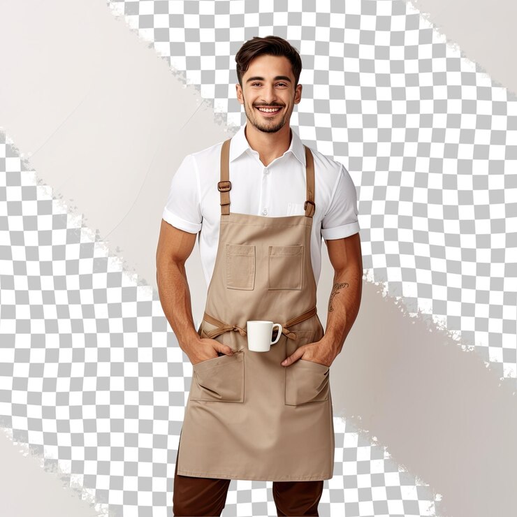 PSD todo el cuerpo sonriendo divertido joven barista empleado barman usar delantal marrón trabajo en la cafetería mirar ca